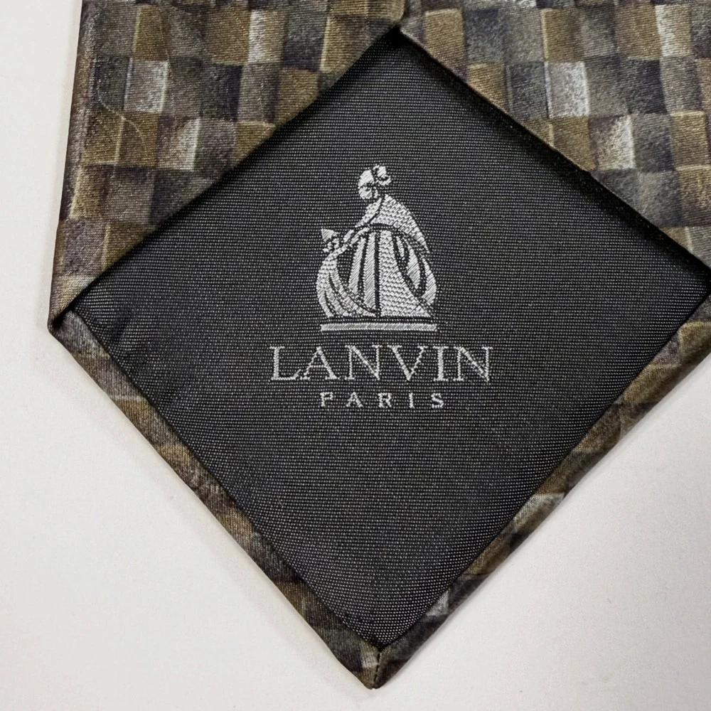 NWT Lanvin Paris Silk Tie Geometric Checkerboard Olive Green Grey Made in France